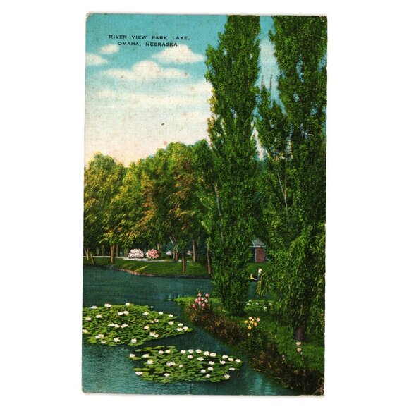 Vintage River View Park Lake Omaha Nebraska Postcard 1945 One Cent Stamp - Picture 1 of 2